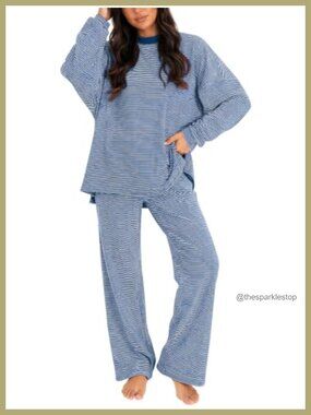 Women's Striped 2 Piece Lounge Set Long Sleeve Top Wide Leg Pants Pajama Set